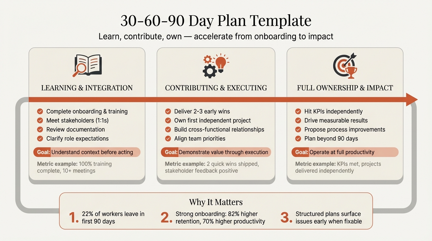 30-60-90 day plan template showing three phases with learning goals, contribution milestones, and full ownership targets