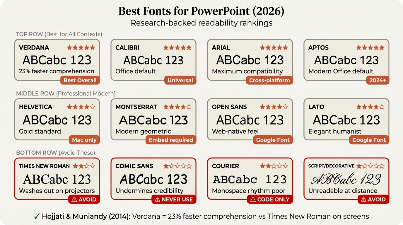 Best fonts for PowerPoint infographic showing top 12 fonts with readability scores and usage recommendations
