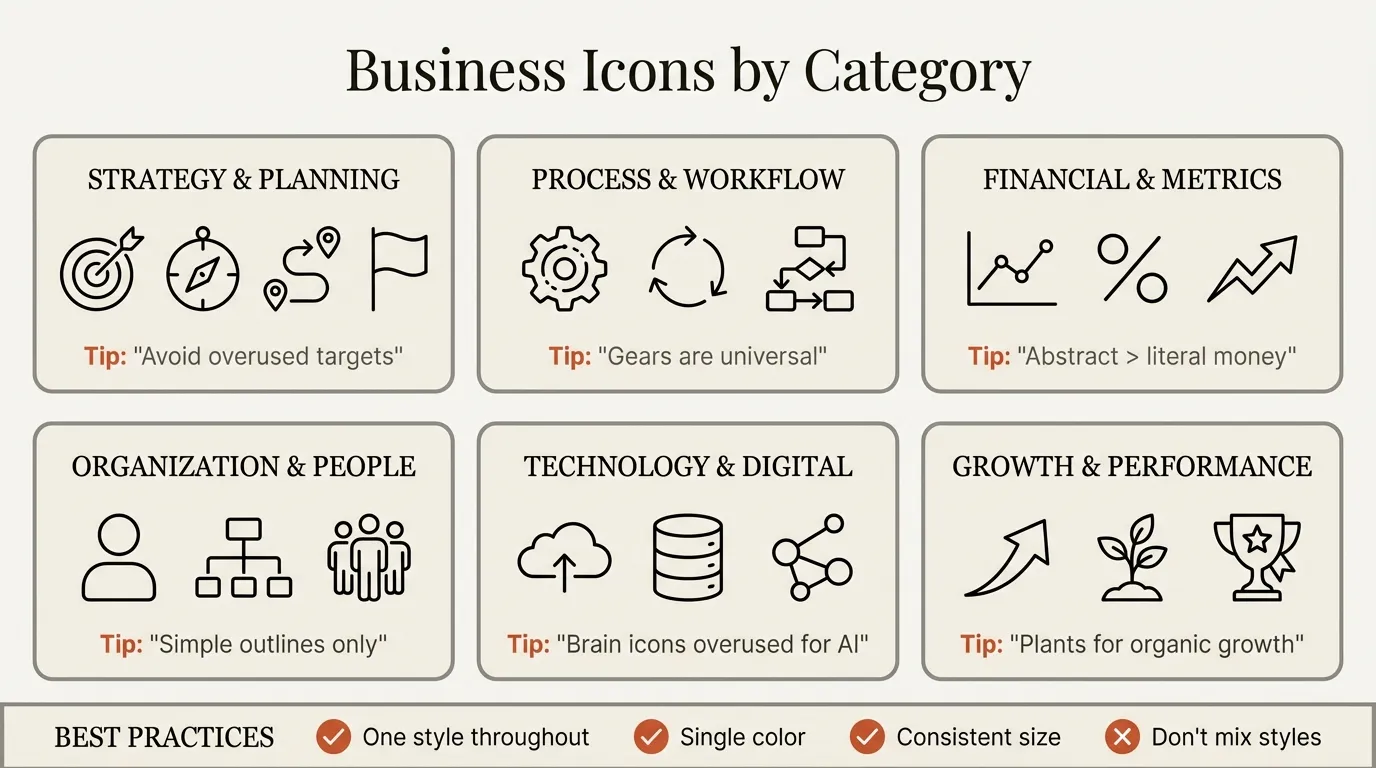 Business icon categories and usage guide for professional presentations