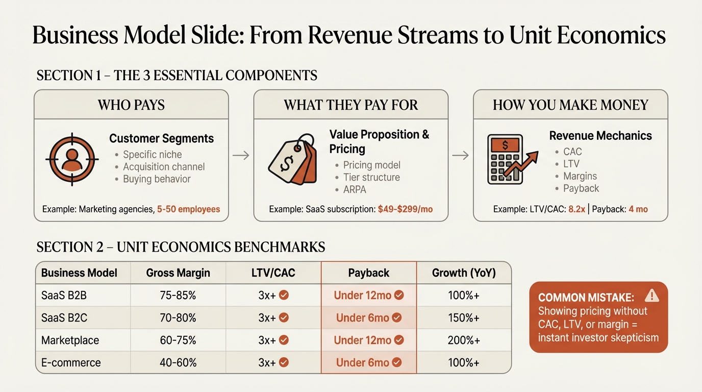 Business model slide formats and unit economics benchmarks