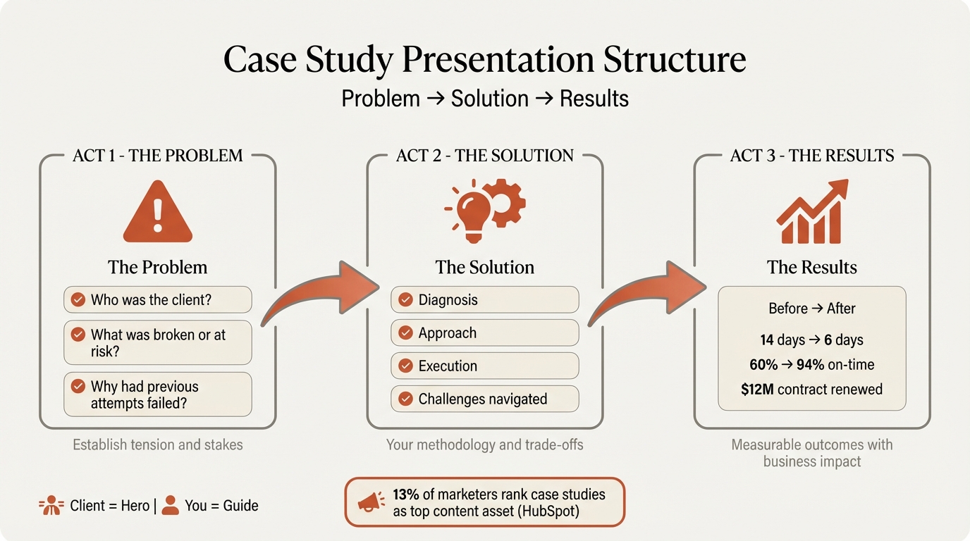 Case study presentation infographic showing problem-solution-results structure and key elements