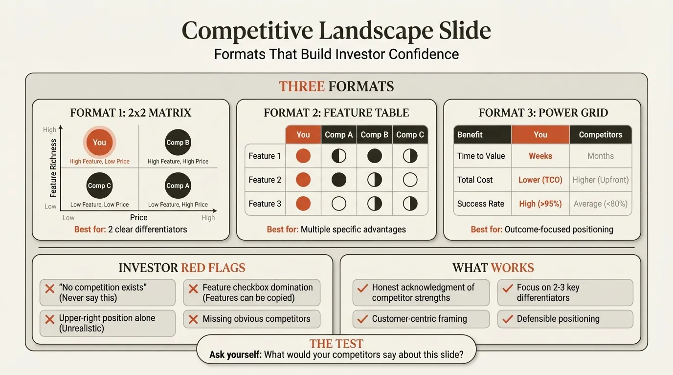 Competitive landscape slide formats for pitch decks