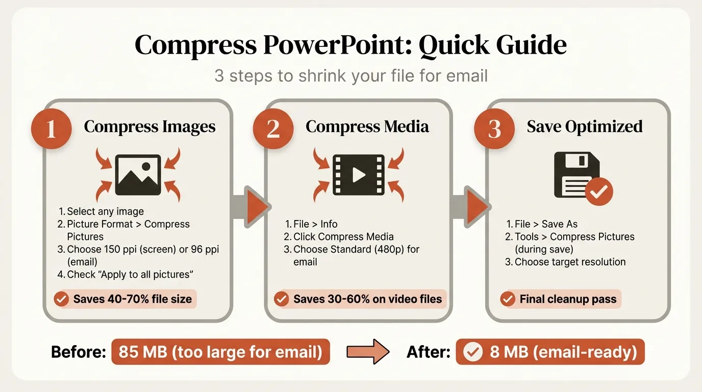 Compress PowerPoint infographic showing 3-step workflow: compress images, compress media, and save optimized