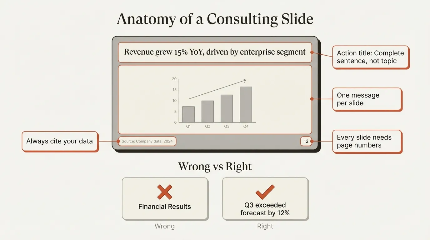 Anatomy of a consulting slide - action title, one message, source citations