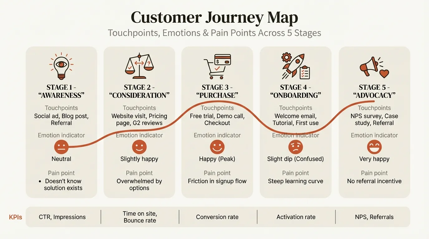 Customer journey mapping showing five stages from awareness to advocacy