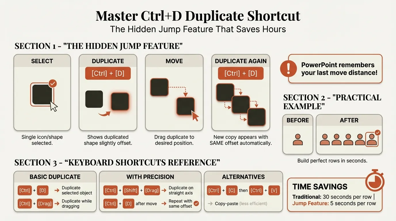 Ctrl+D duplicate shortcut workflow infographic