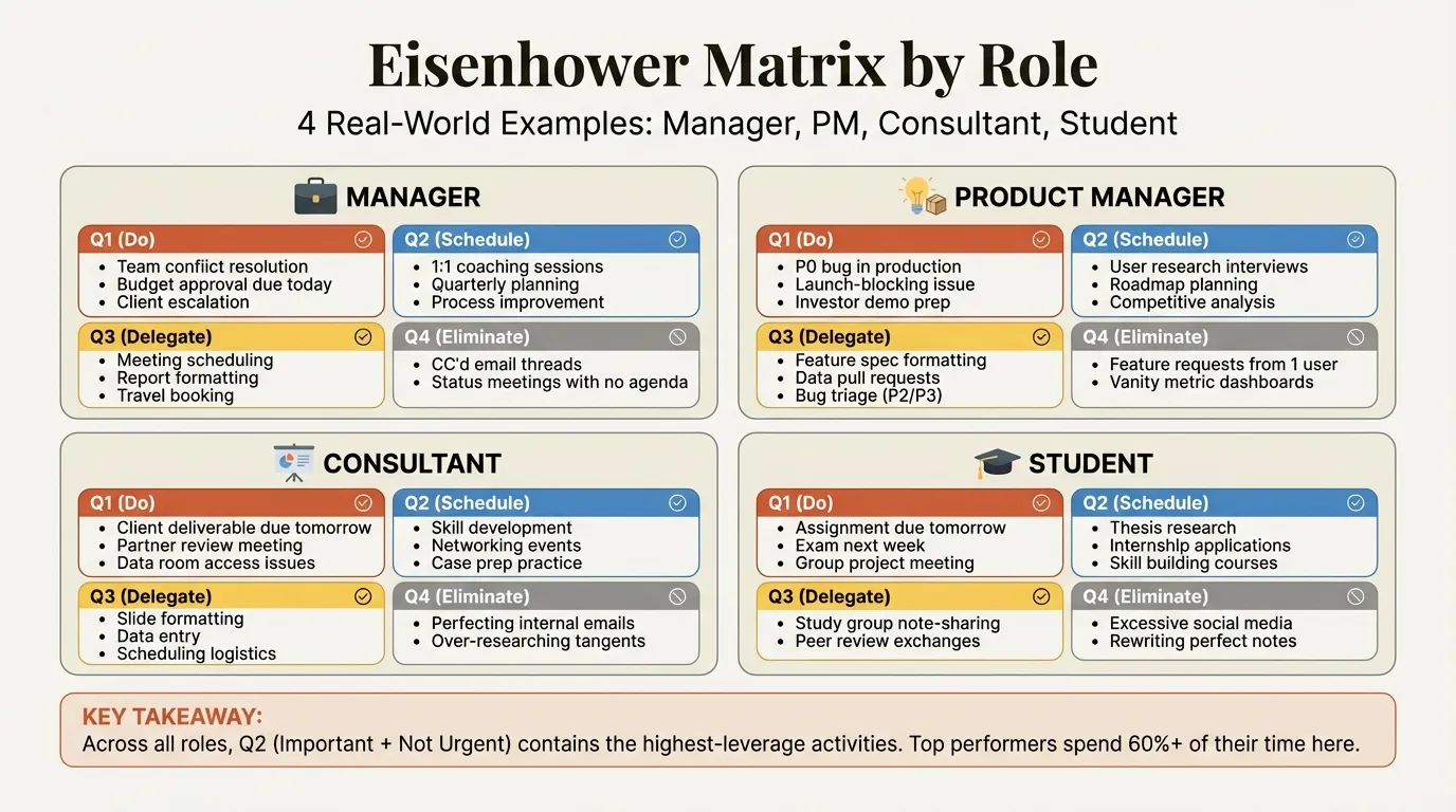 Eisenhower Matrix examples for four different roles with specific tasks in each quadrant