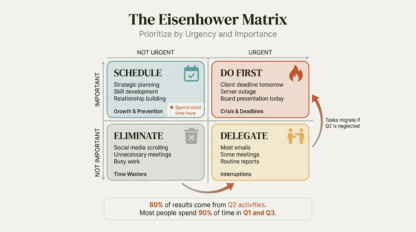 Eisenhower Matrix with four quadrants showing urgent vs important task categorization