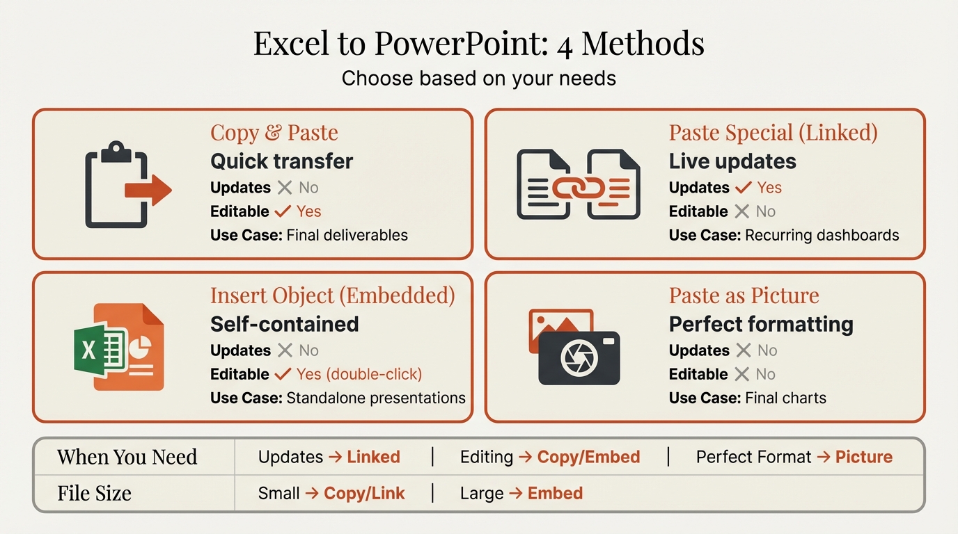 Excel to PowerPoint methods comparison infographic showing copy, link, embed, and picture paste options with use case recommendations