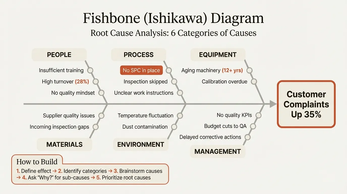 Fishbone diagram example showing six cause categories and root cause analysis