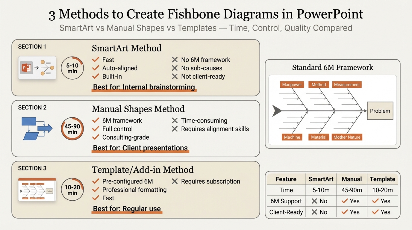 Fishbone diagram in PowerPoint showing three methods