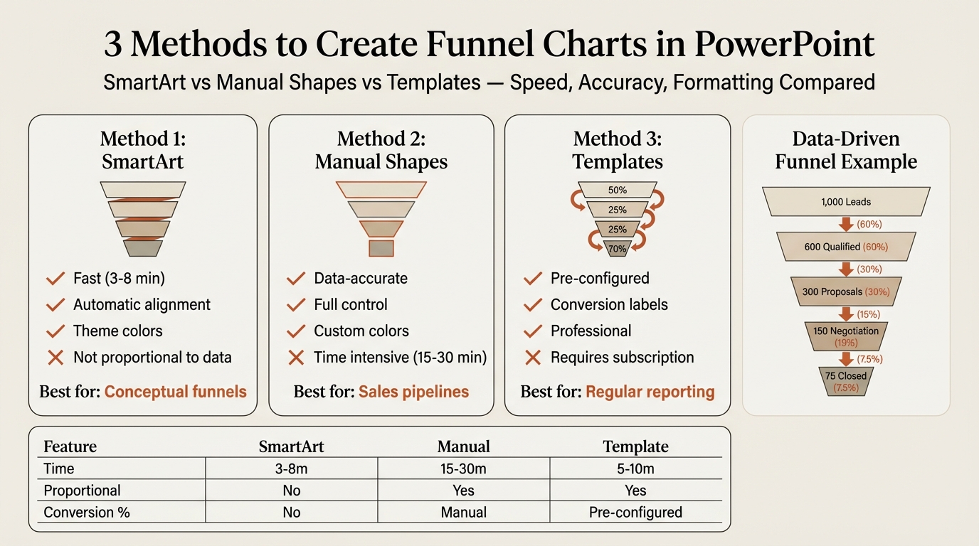 Funnel chart in PowerPoint showing three methods