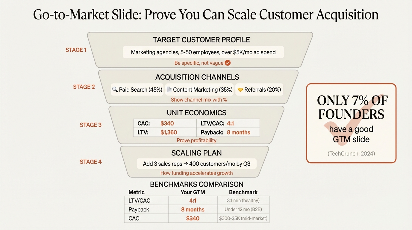 Go-to-market slide structure and acquisition metrics benchmarks