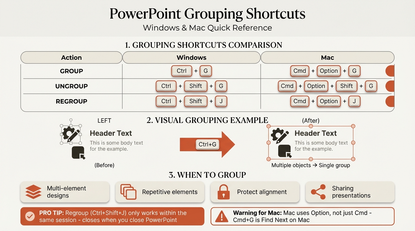 PowerPoint grouping shortcuts comparison for Windows and Mac