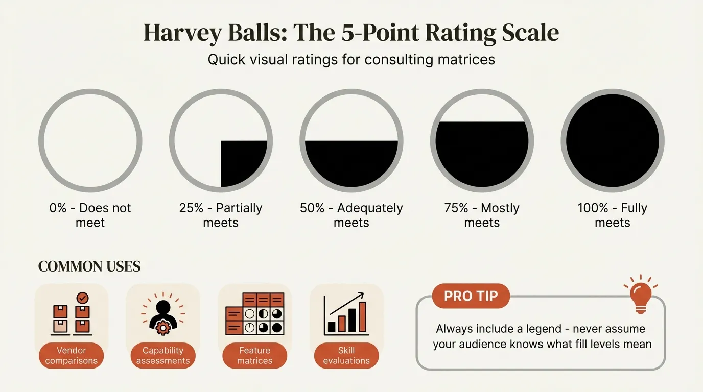 Harvey balls status indicators showing 5 fill levels from empty to full
