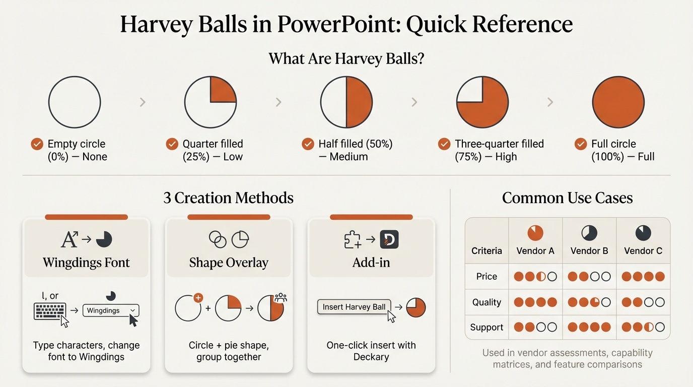 Harvey balls quick reference showing five fill states and use cases