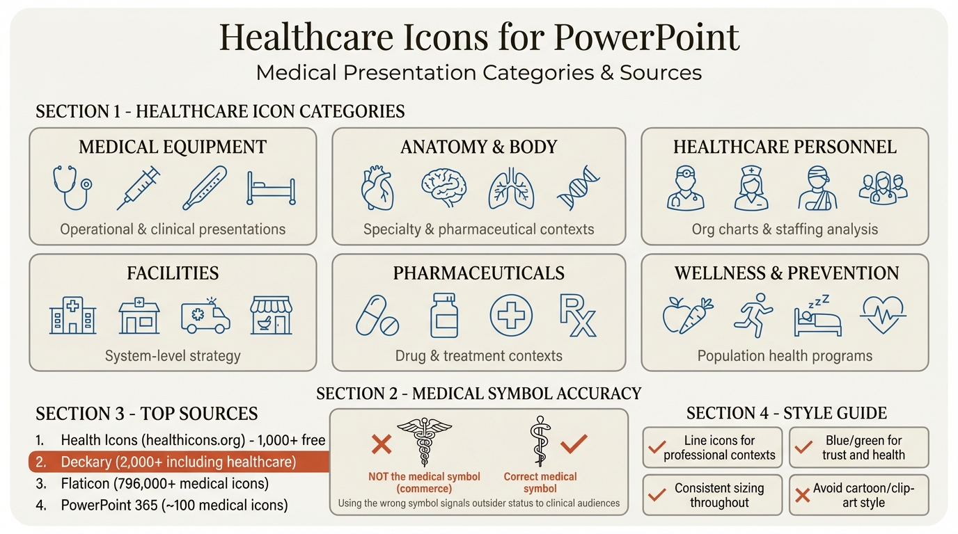 Healthcare icon categories for medical and health presentations