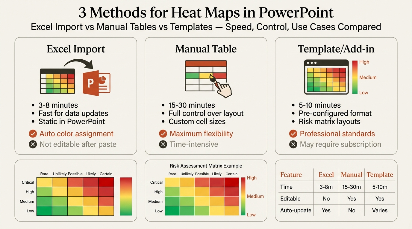 Heat map in PowerPoint showing three creation methods