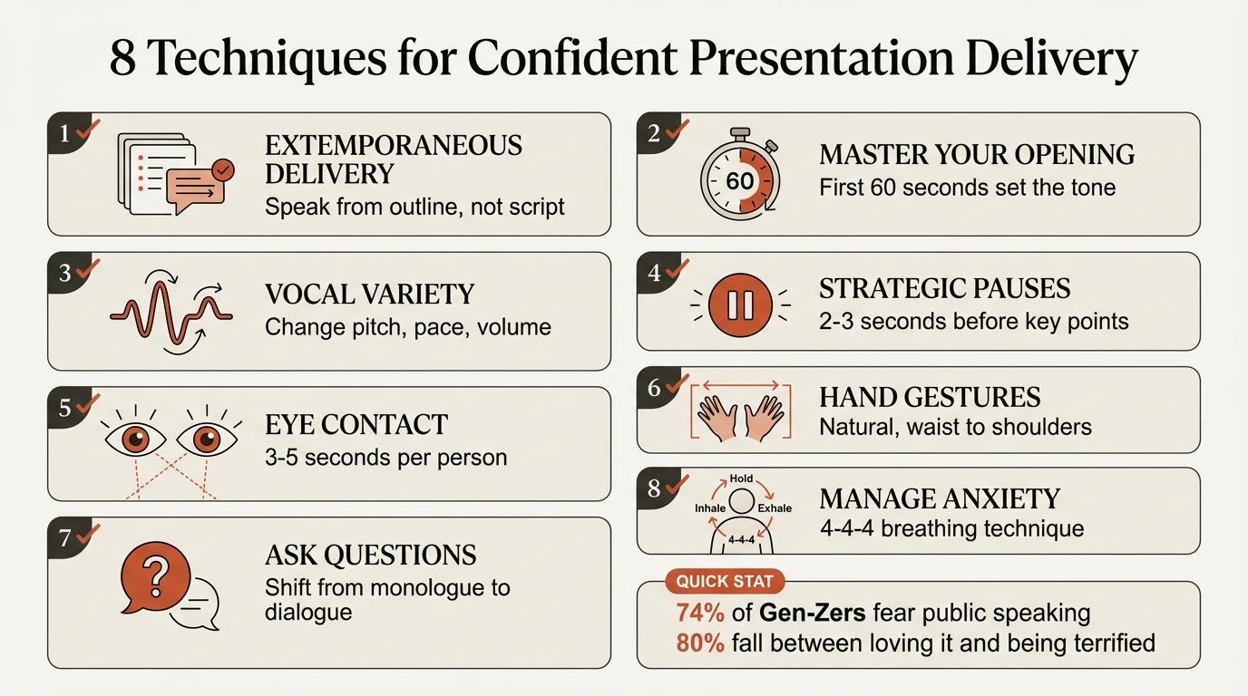 How to give a presentation infographic showing the 8 key delivery techniques