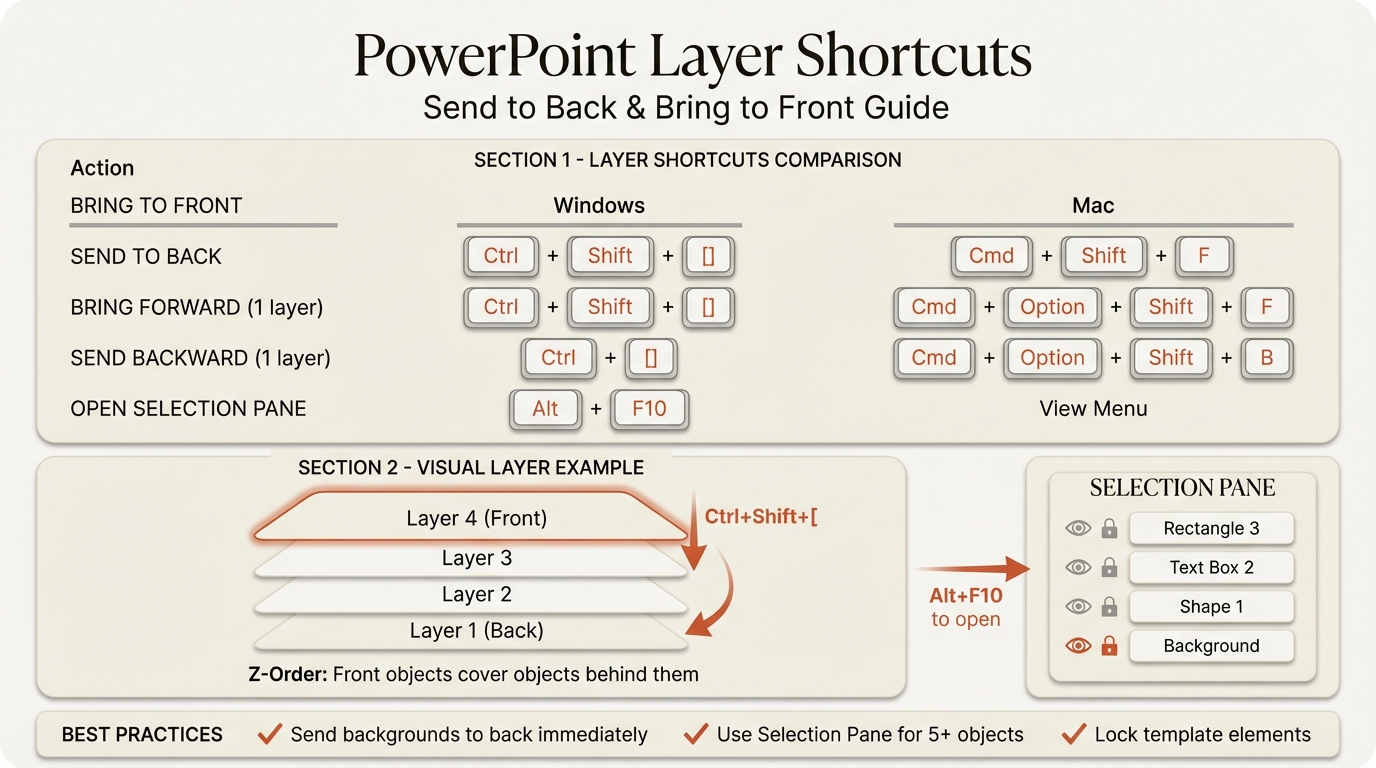PowerPoint layer shortcuts showing send to back and bring to front commands