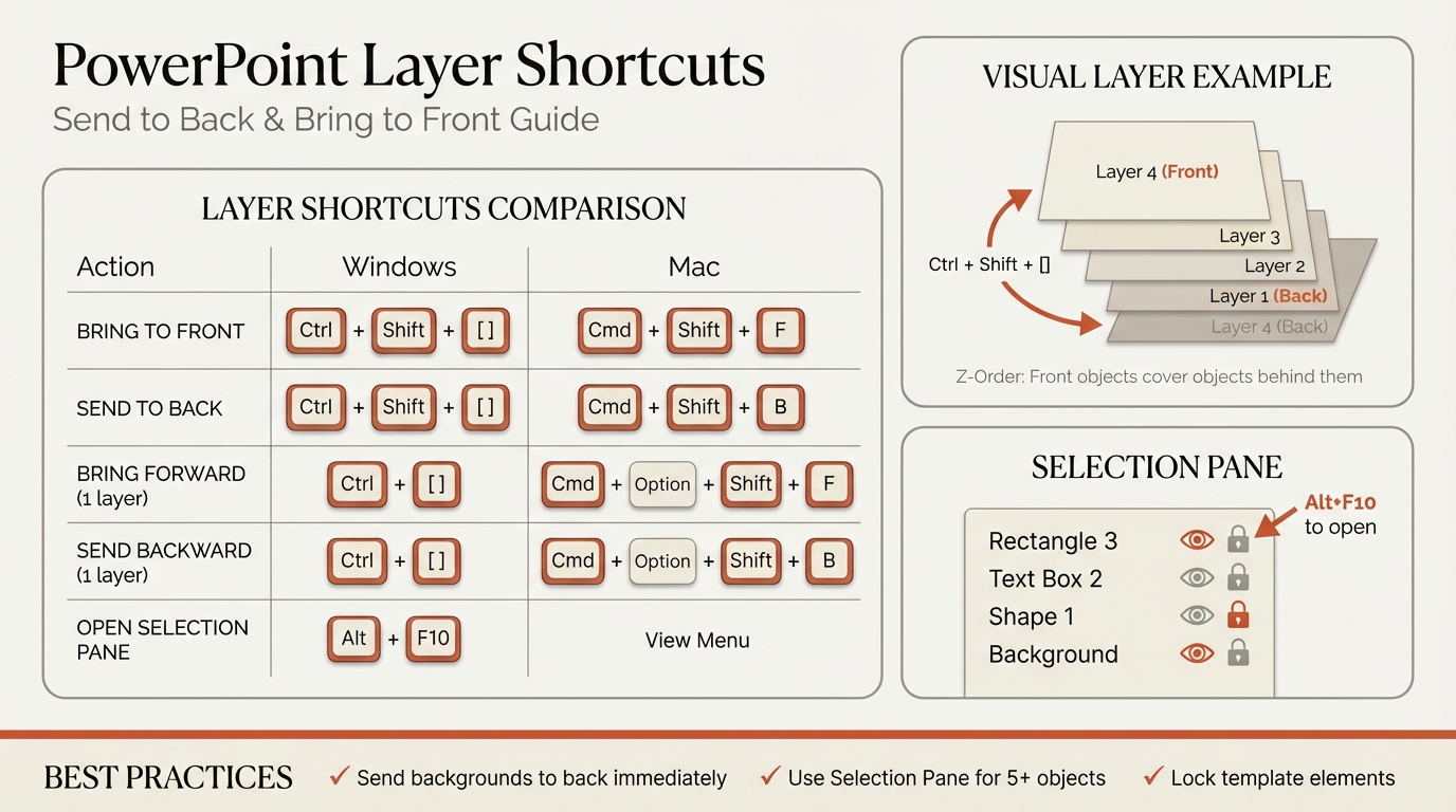 PowerPoint layer shortcuts showing send to back and bring to front commands