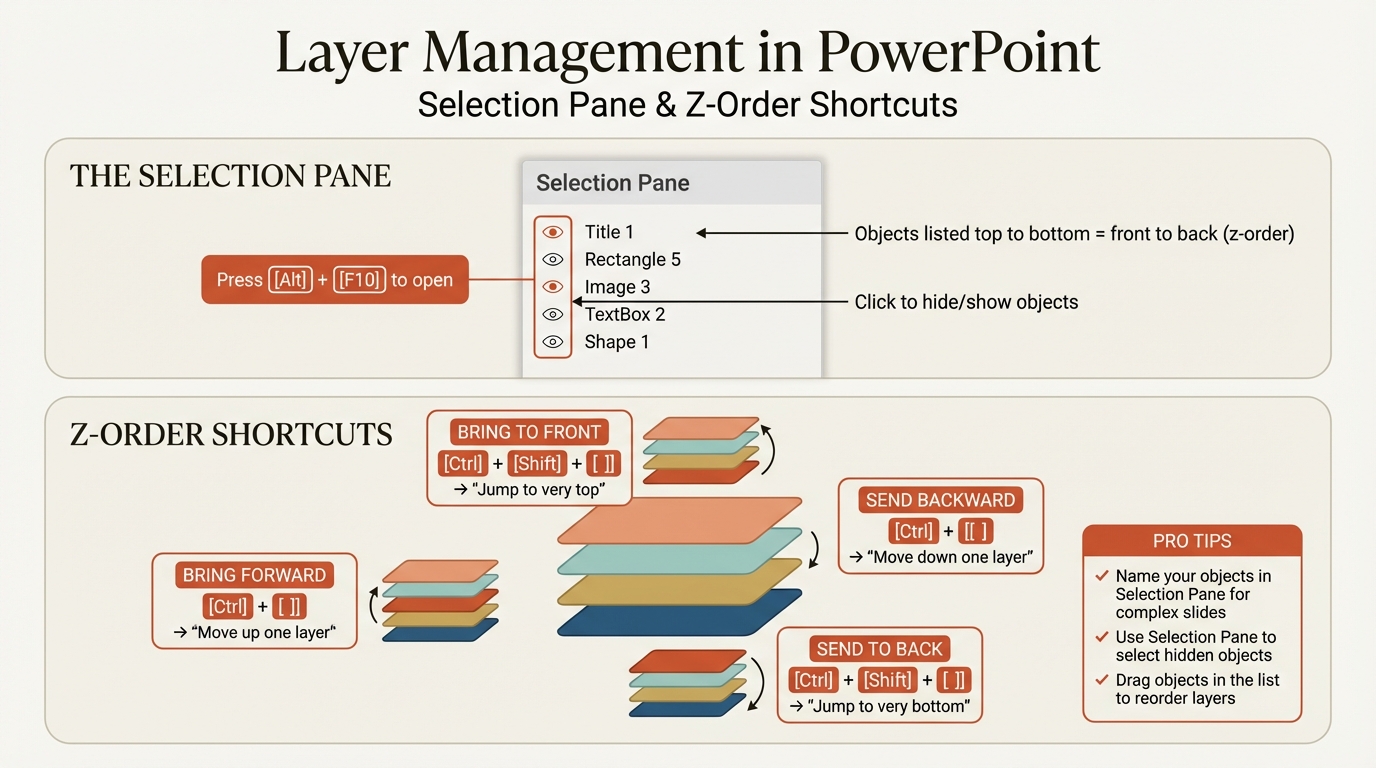 Layer management and Selection Pane shortcuts infographic