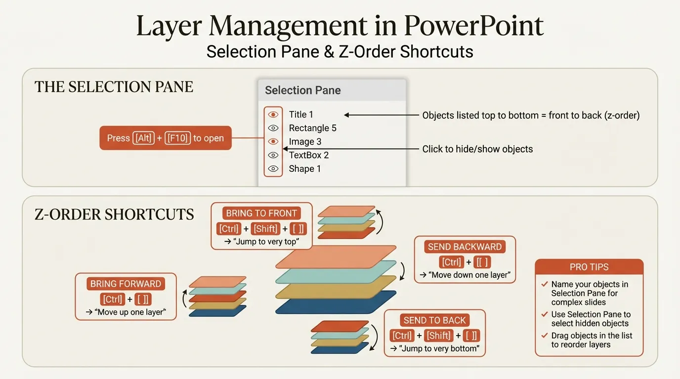 Layer management and Selection Pane shortcuts infographic