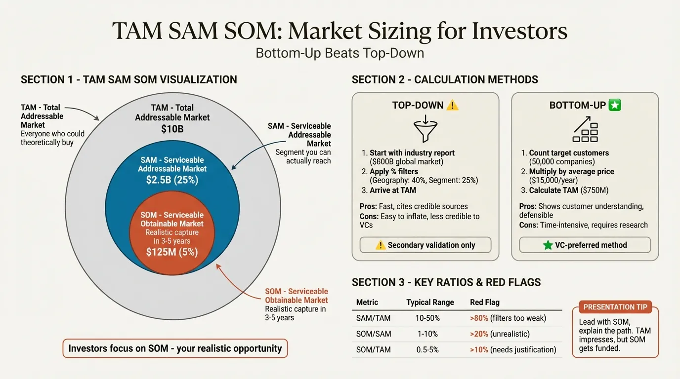 TAM SAM SOM market sizing - visualization, calculation methods, and key ratios