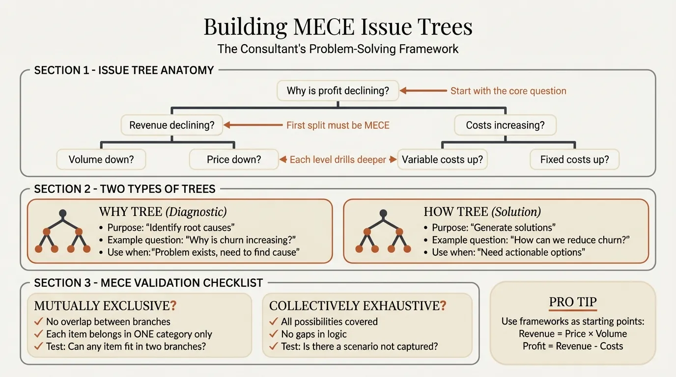 MECE issue tree building process infographic