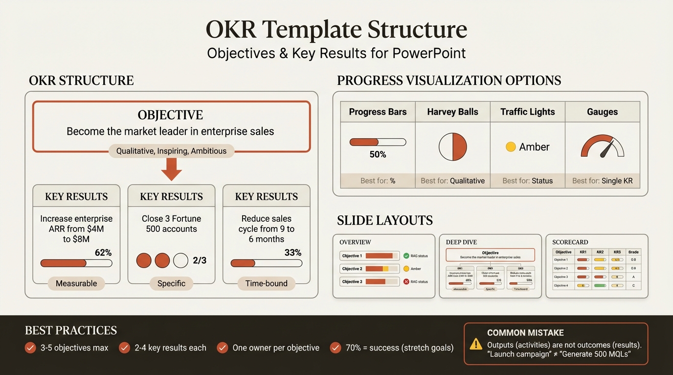 OKR template structure infographic showing objectives, key results, and progress visualization