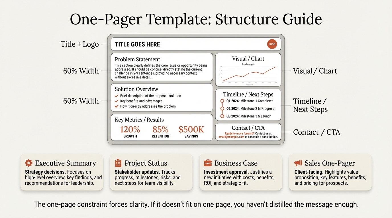 One-pager template structure guide with layout and format types