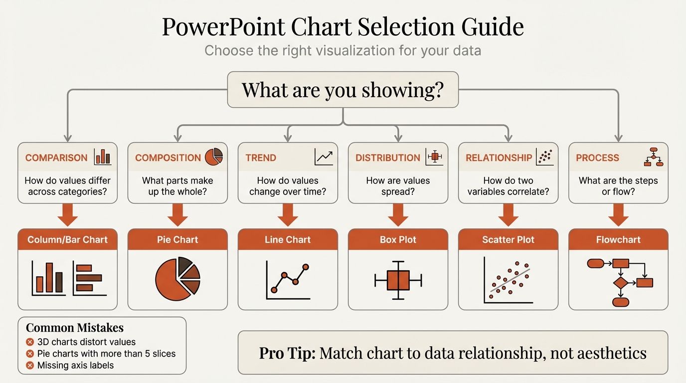 PowerPoint chart selection guide showing data relationships