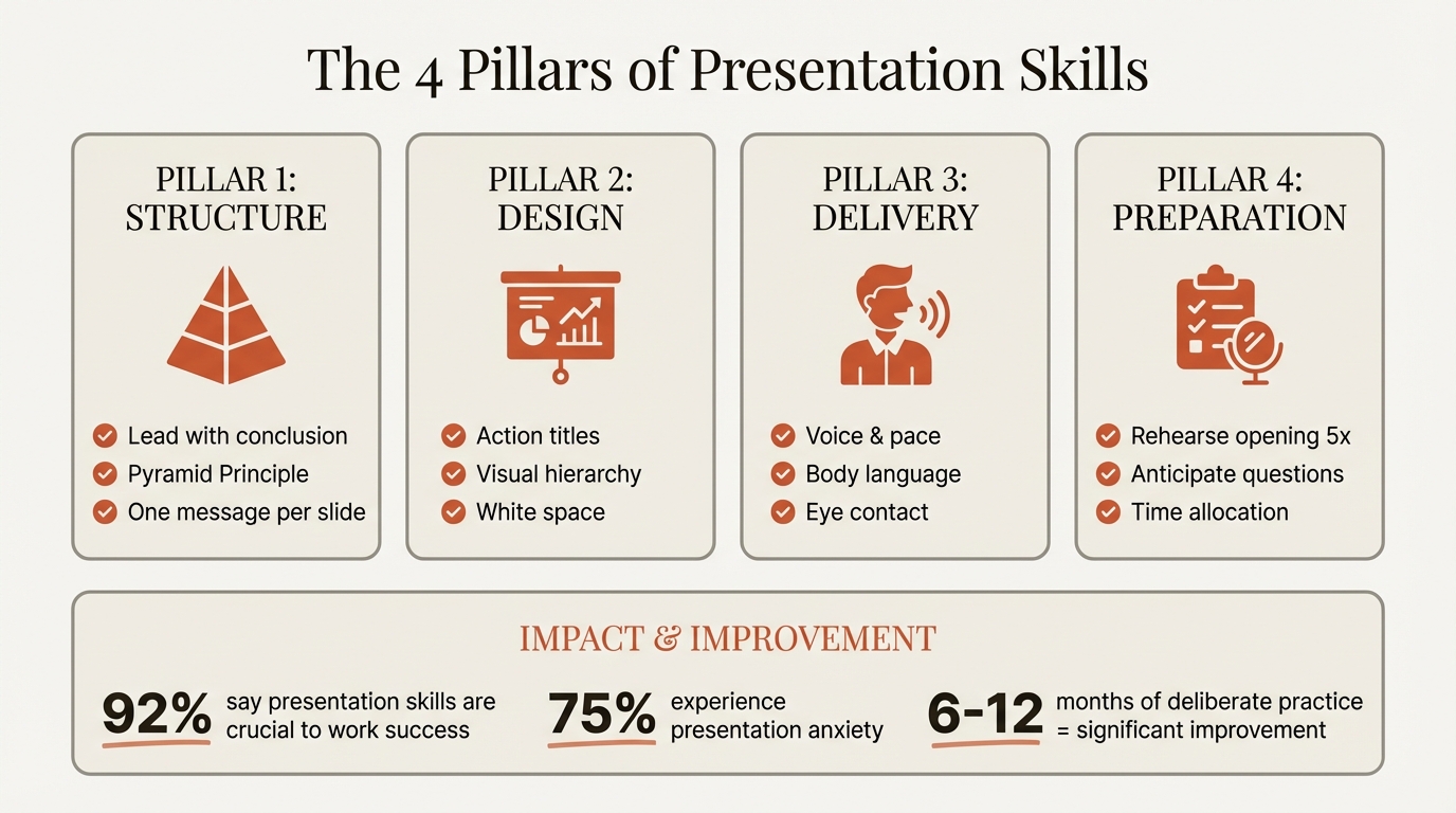 Presentation skills guide infographic showing the four pillars: structure, design, delivery, and preparation