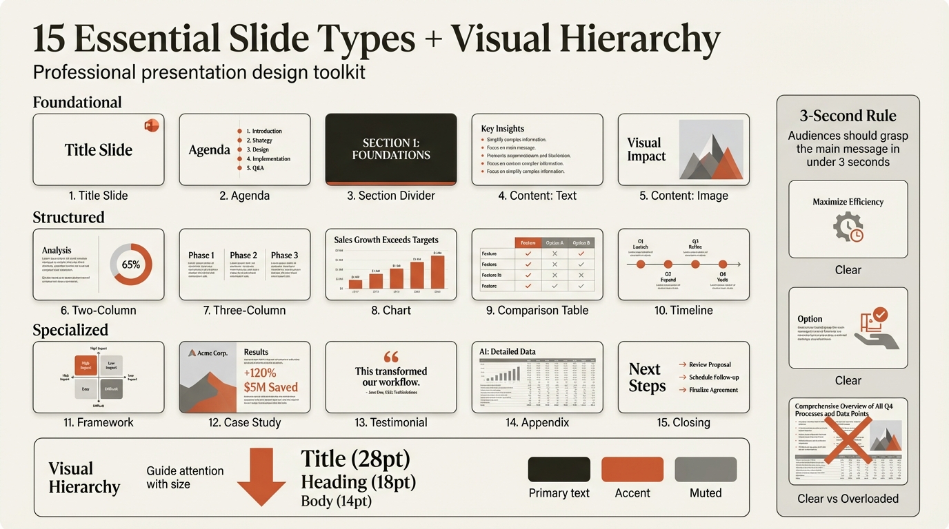 Presentation design guide infographic showing 15 slide types and visual hierarchy principles
