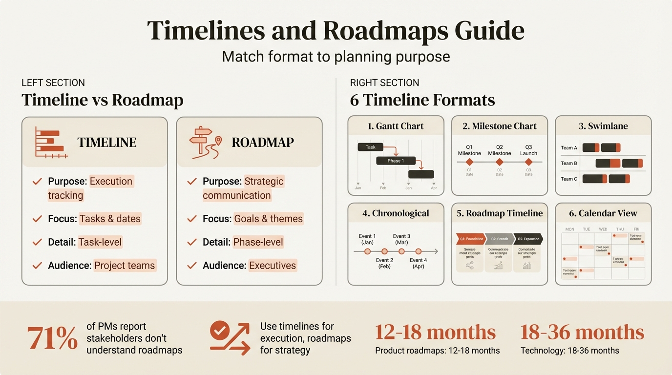 Timelines and roadmaps guide infographic showing Gantt charts, milestone timelines, swimlane diagrams, and roadmap formats