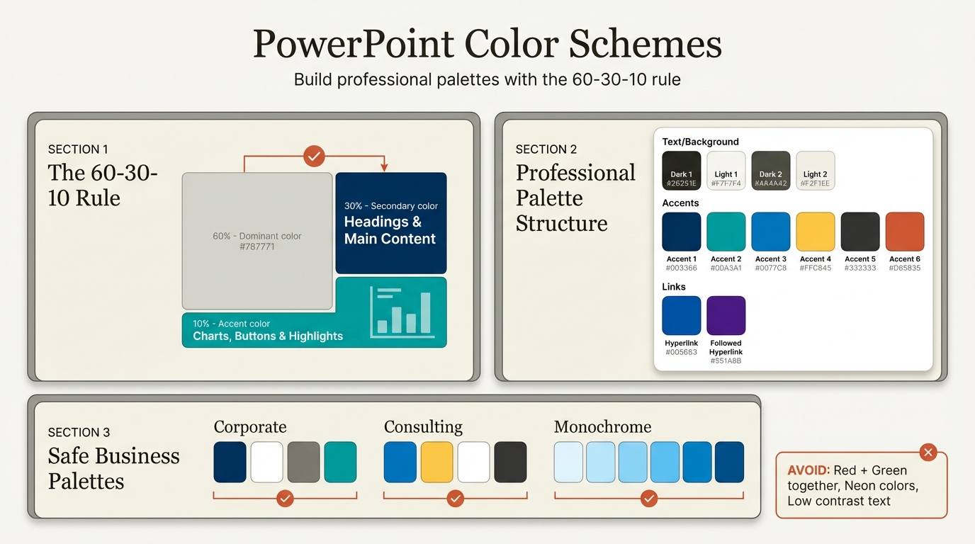 PowerPoint color scheme infographic showing the 60-30-10 rule and professional palette examples