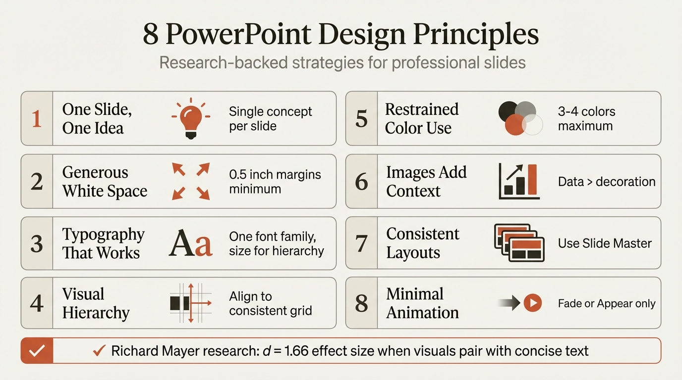 PowerPoint design ideas infographic showing the 8 core design principles and visual hierarchy rules