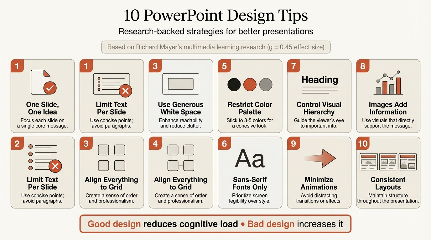 PowerPoint design tips infographic showing 10 core strategies with cognitive load principles
