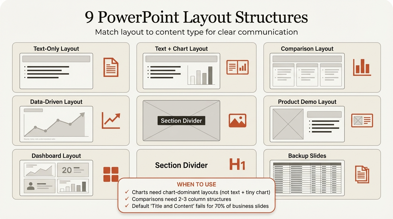 PowerPoint layout ideas infographic showing 9 layout structures and when to use each