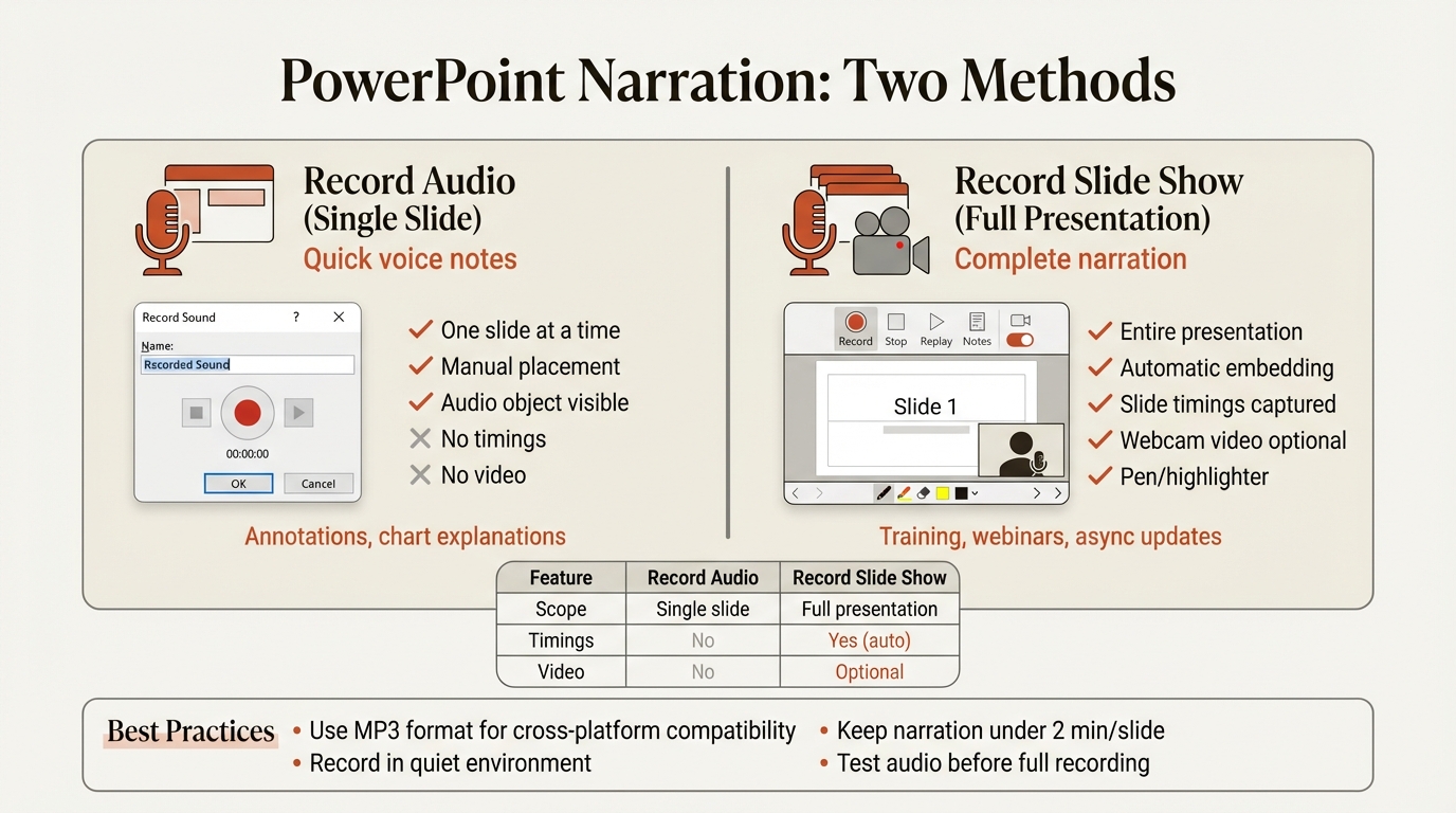 PowerPoint narration infographic showing Record Audio for single slides versus Record Slide Show for full presentation capture