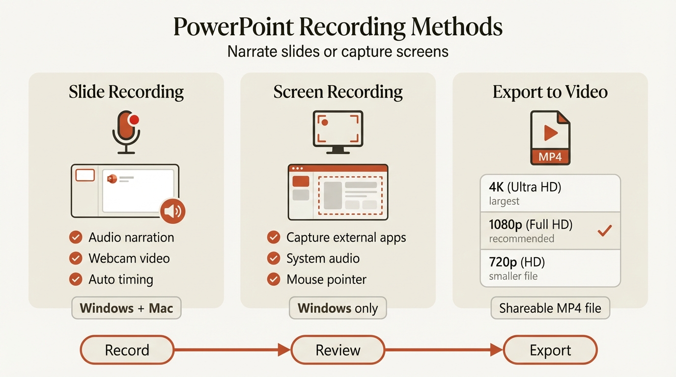 PowerPoint recording infographic showing slide recording, screen recording, and export to video workflow