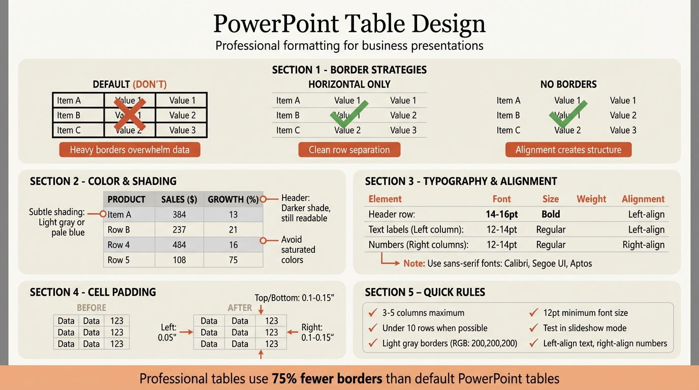 PowerPoint table design infographic showing border techniques, color strategies, and alignment rules