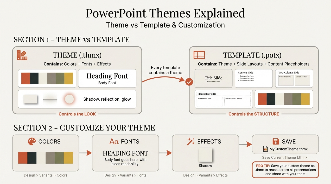 PowerPoint themes infographic showing theme vs template comparison and 4-step customization process for colors, fonts, effects, and saving