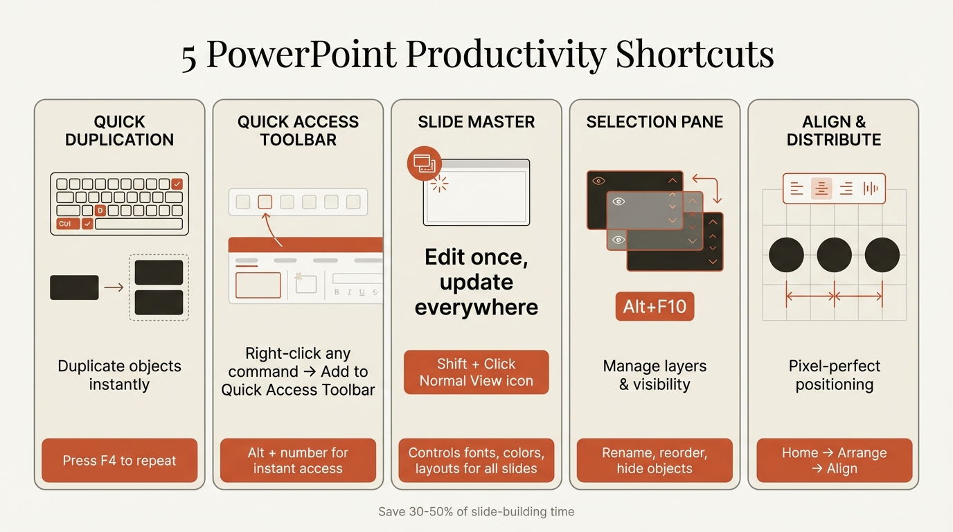 PowerPoint tips and tricks infographic showing keyboard shortcuts, Quick Access Toolbar customization, and Slide Master workflow