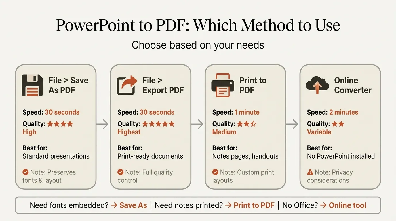 PowerPoint to PDF conversion methods infographic showing Save As, Export, Print to PDF, and online converter comparison