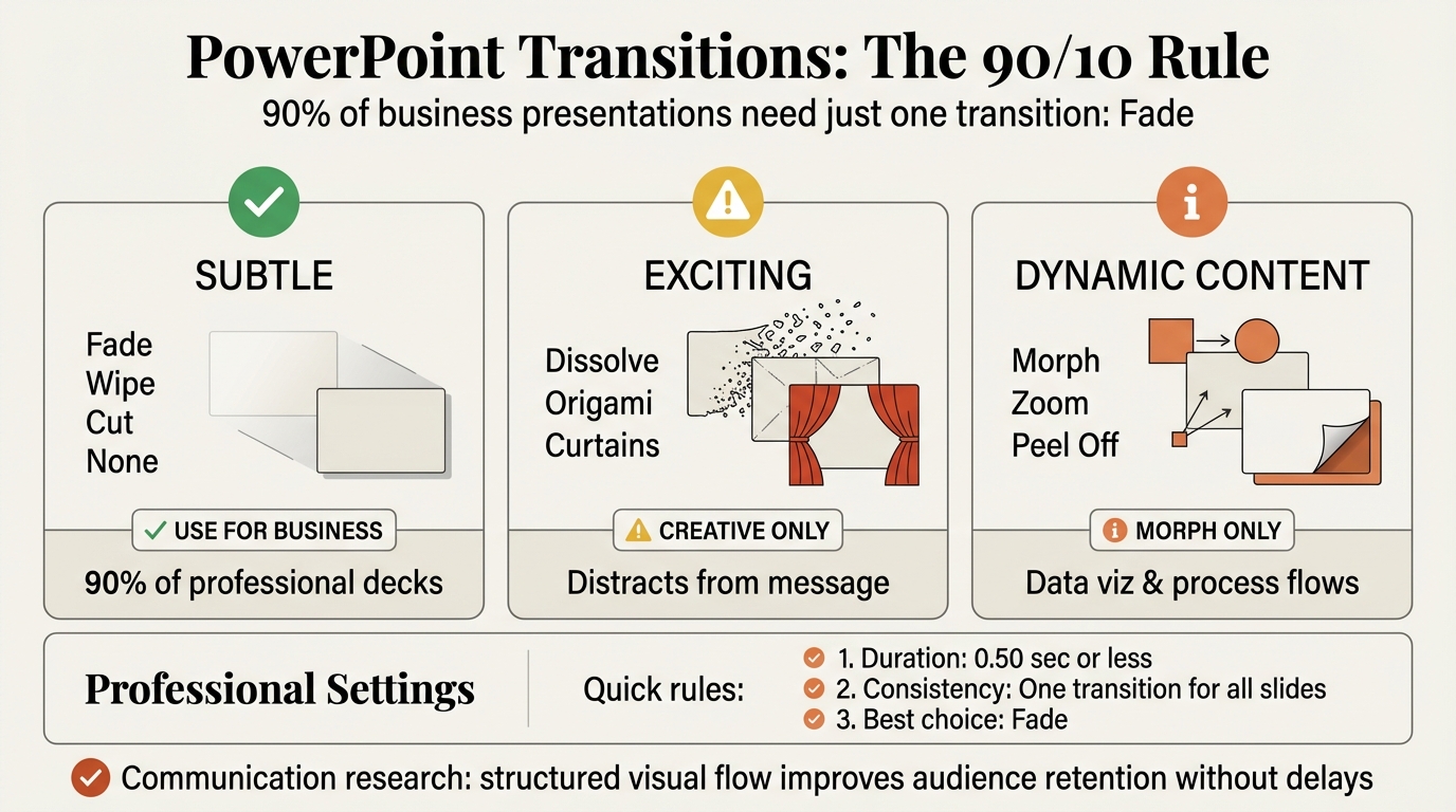 PowerPoint transitions infographic showing the 3 transition categories and the 90/10 rule for professional use