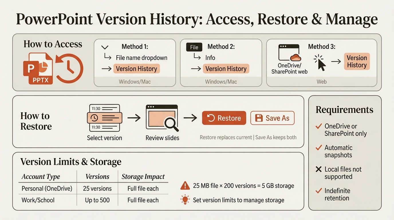 PowerPoint version history infographic showing how to access, restore, and manage versions in OneDrive and SharePoint