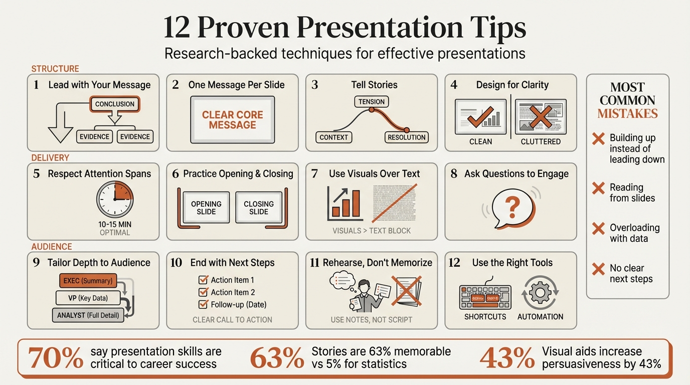 Presentation tips infographic showing the 12 key techniques for effective presentations