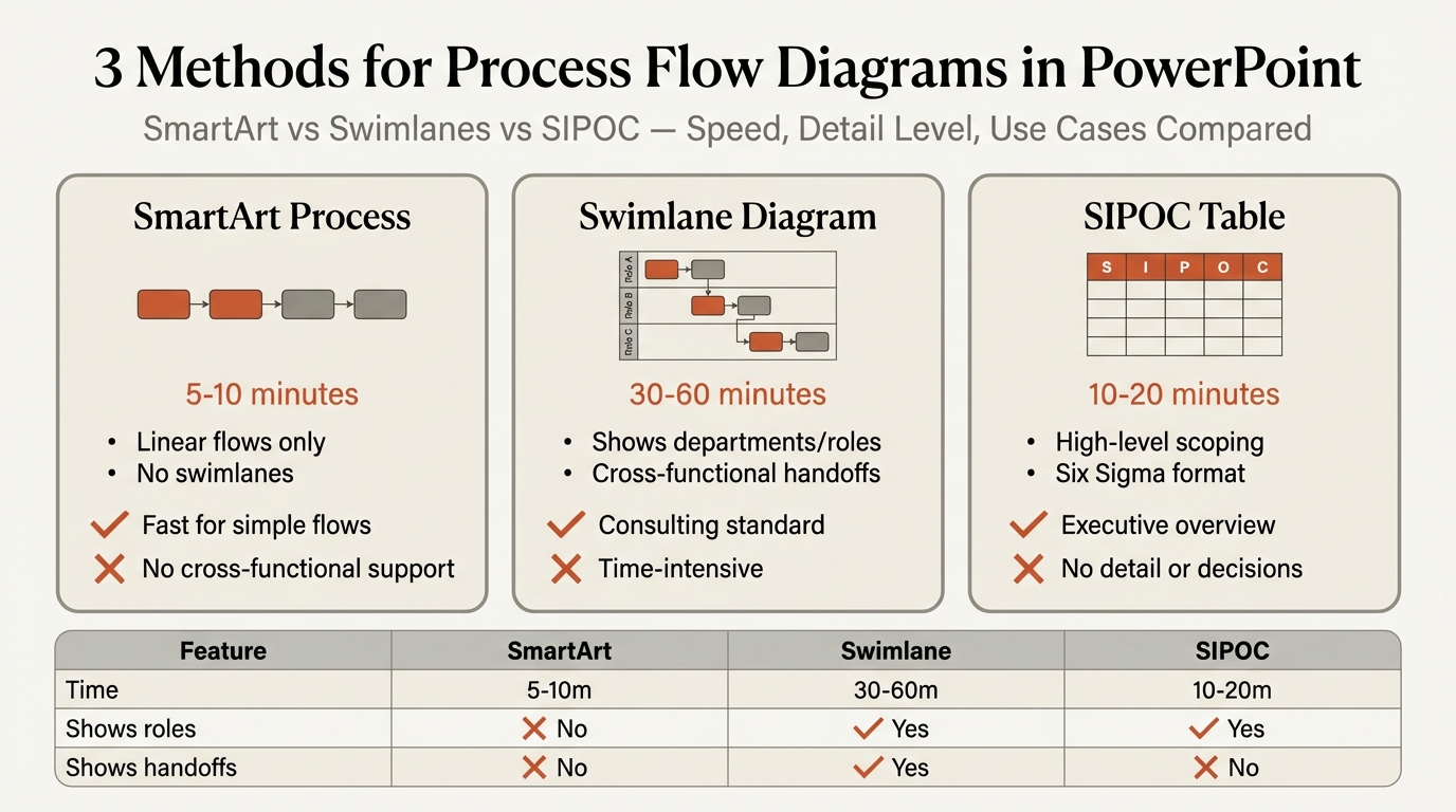 Process flow diagram in PowerPoint showing three methods