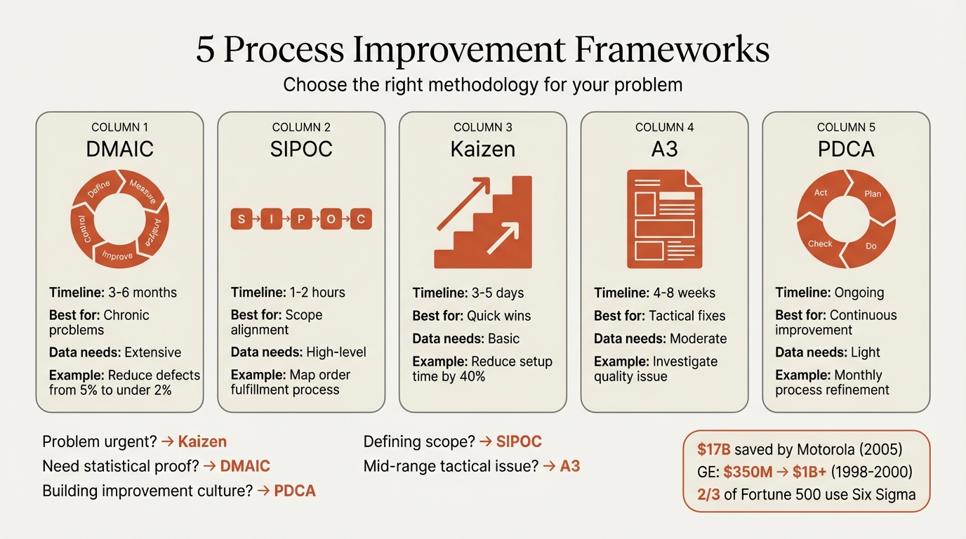 Process improvement template infographic showing five frameworks (DMAIC, SIPOC, Kaizen, A3, PDCA) with decision criteria for when to use each methodology